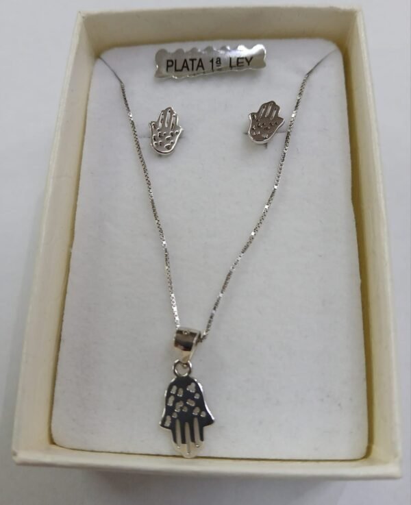 Conjunto pendientes y colgante de Mano de Fátima. Plata de Ley