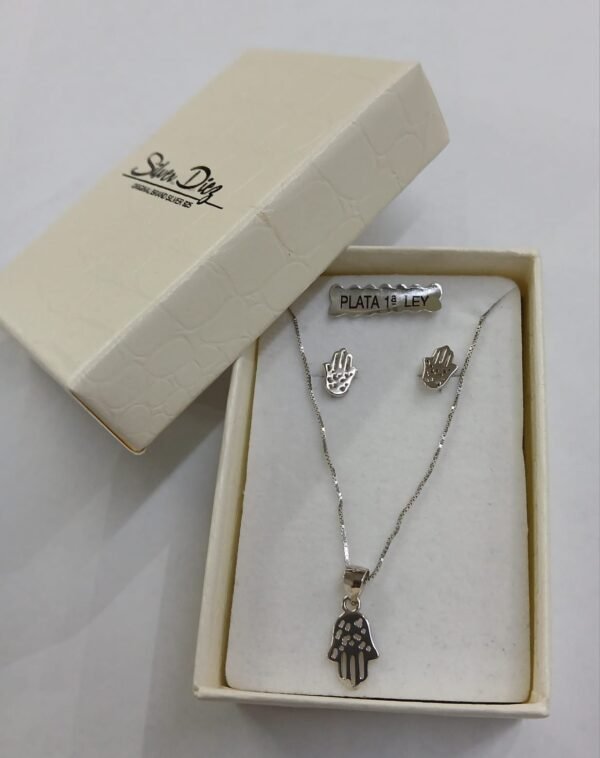 Conjunto pendientes y colgante de Mano de Fátima. Plata de Ley - Imagen 2