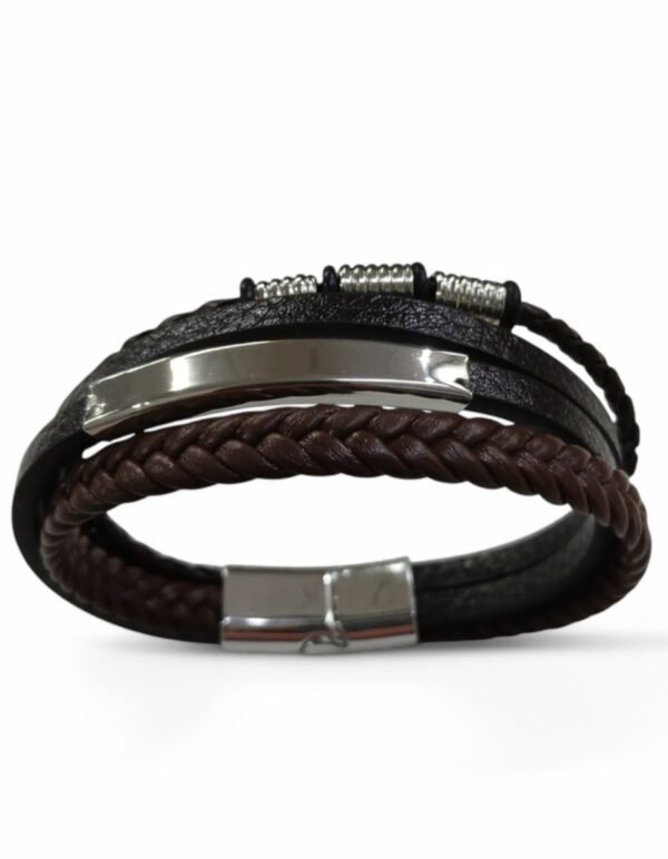 Pulsera de acero y cuero marrón y negro
