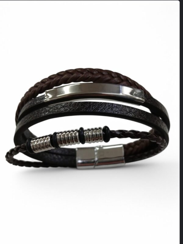Pulsera de acero y cuero marrón y negro - Imagen 2