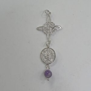 colgante nudo de bruja con tetragramon y amatista. Plata de Ley sin cadena