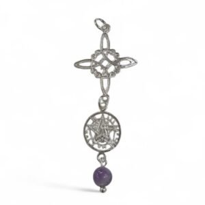 colgante nudo de bruja con tetragramon y amatista. Plata de Ley sin cadena