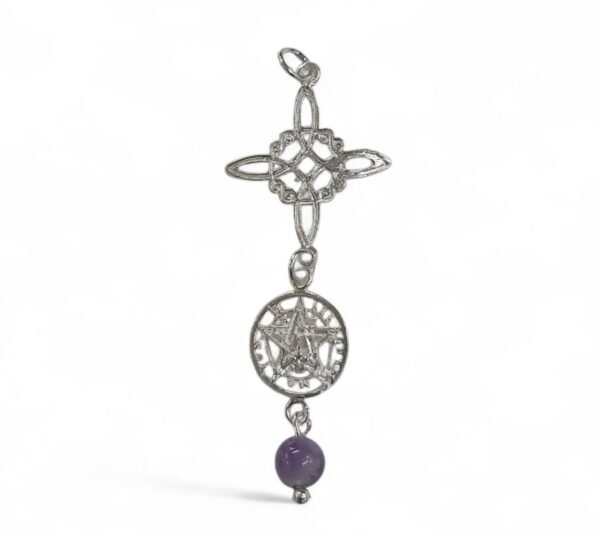 colgante nudo de bruja con tetragramon y amatista. Plata de Ley sin cadena
