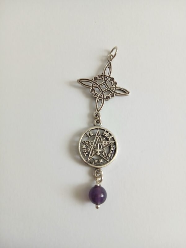 Colgante nudo de bruja con tetragramaton y amatista. 6cm. sin cadena. Plata de Ley envejiza