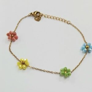 Pulsera acero dorado con flores multicolor