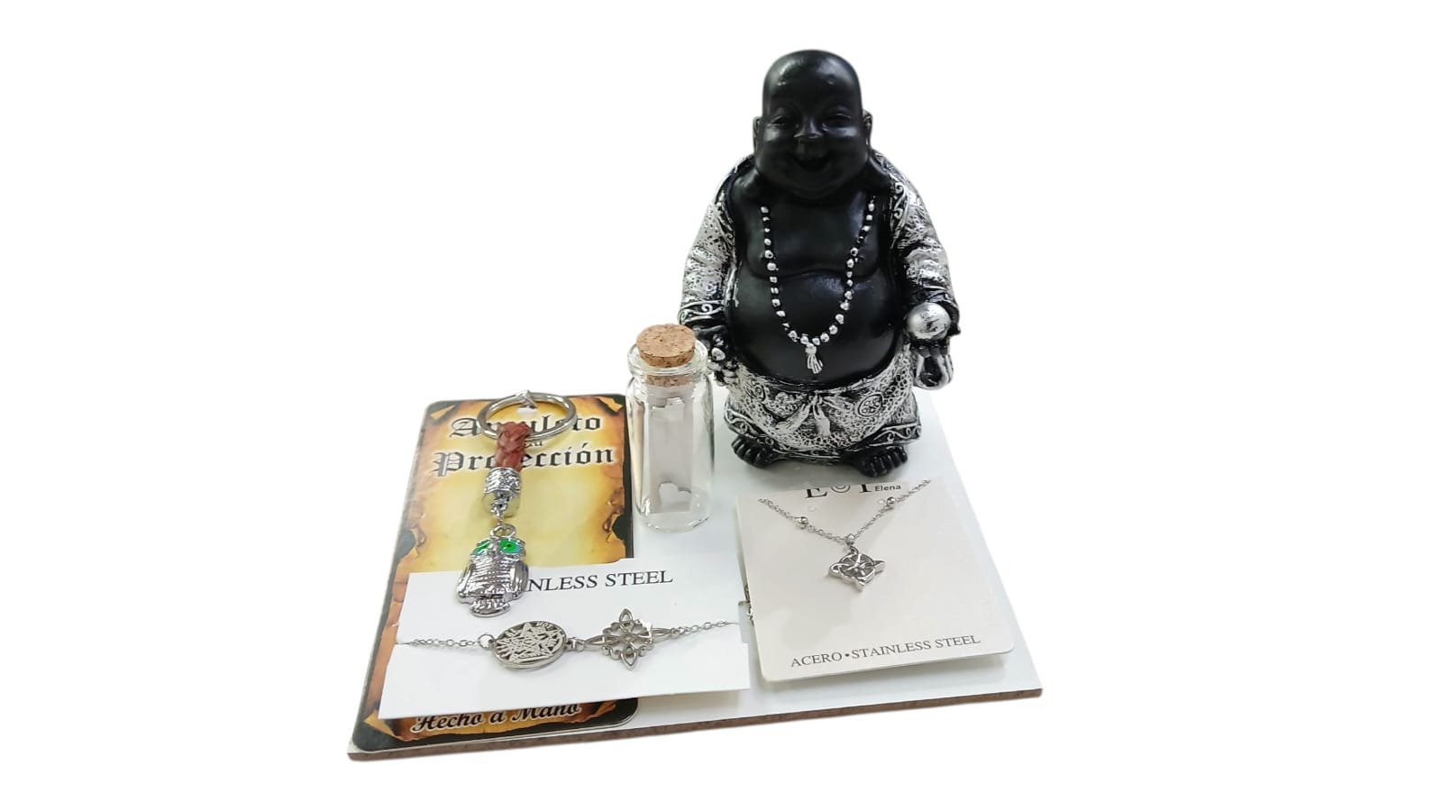 Pack colgante, pulsera, pendientes, llavero y Buda