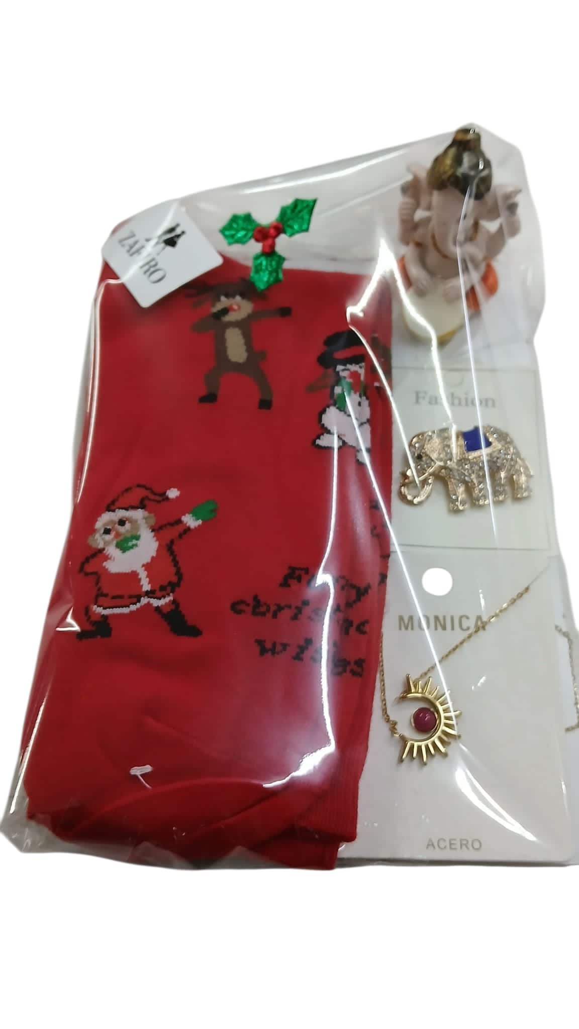 Pack calcetines navideños, broche de elefante, colgante de acero y figurita de ganesha